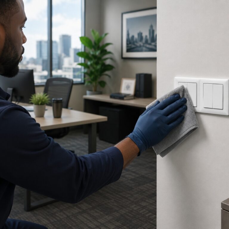 CSG Cleaning staff wiping down light switch in a commercial office environment